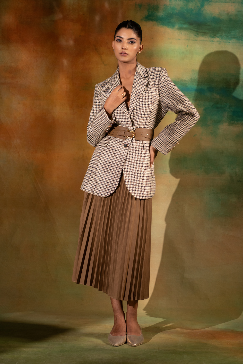 Tweed Long Jacket With Pattern Pleat Skirt