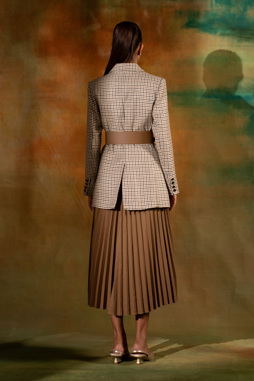 Tweed Long Jacket With Pattern Pleat Skirt
