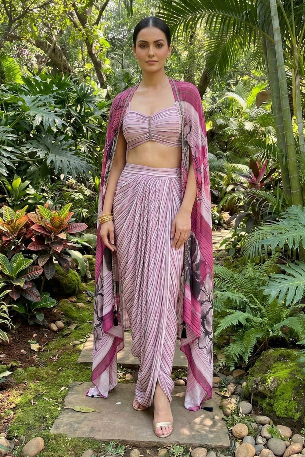 Stylish Striped Dhoti Set with Floral Cape
