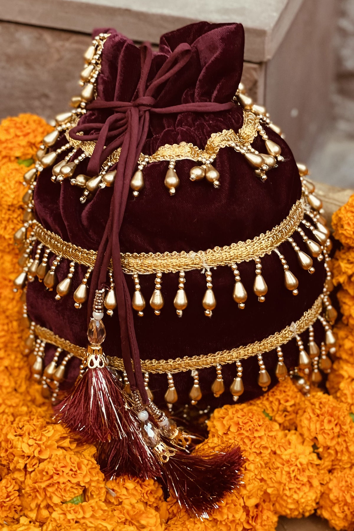 Golden Bead Drop Velvet Potli - ajieshoberoi