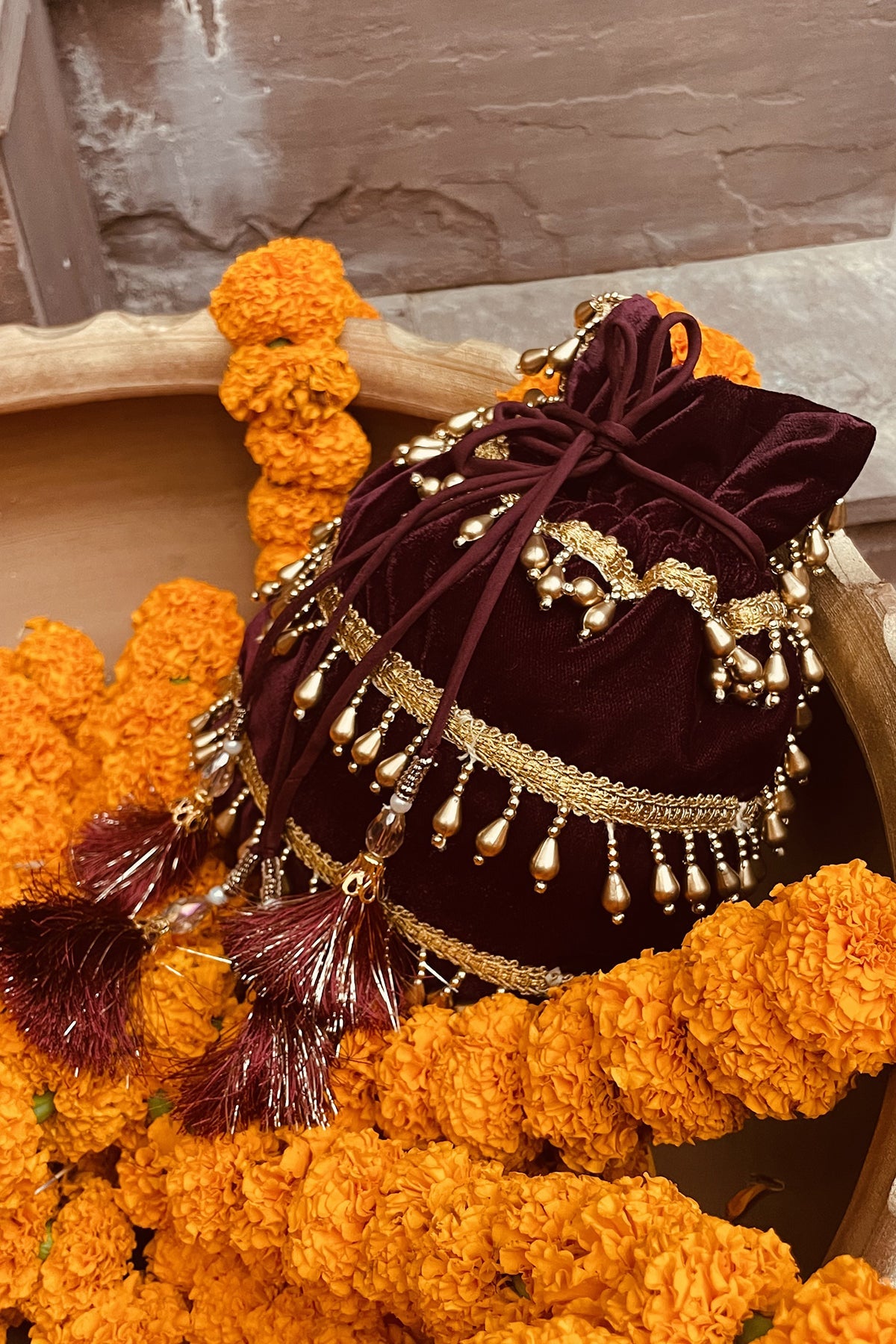 Golden Bead Drop Velvet Potli - ajieshoberoi