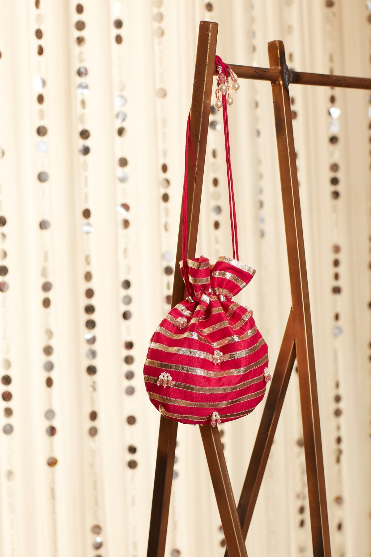 Gota And Pearl Embroidered Potli - ajieshoberoi
