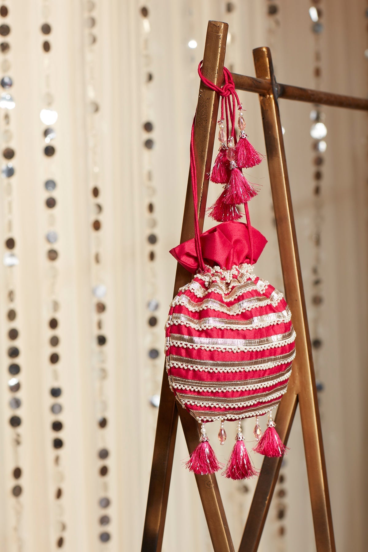 Gota And Pearl Embroidered Potli - ajieshoberoi