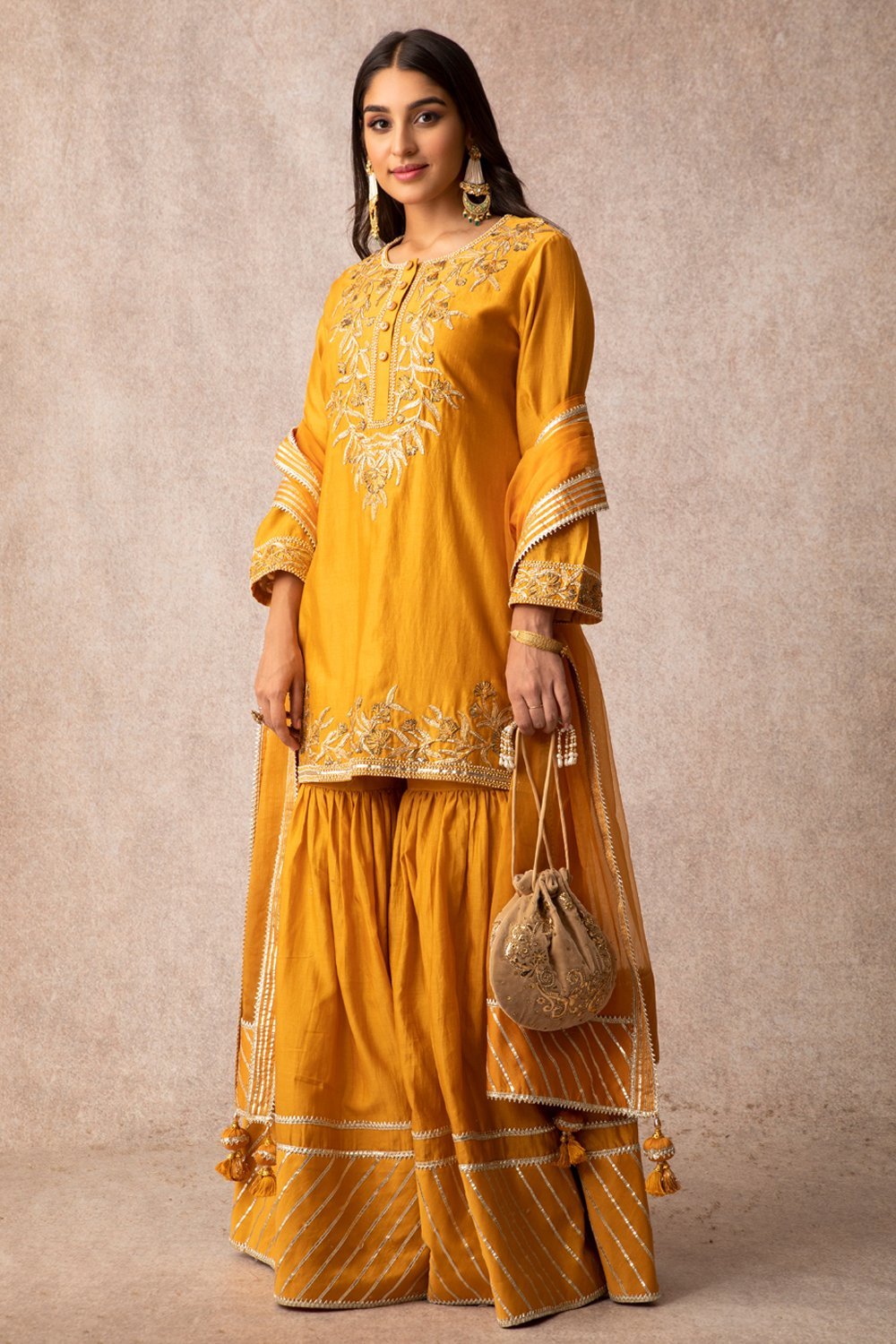 Mustard Short Scalloped Kurta Set - ajieshoberoi