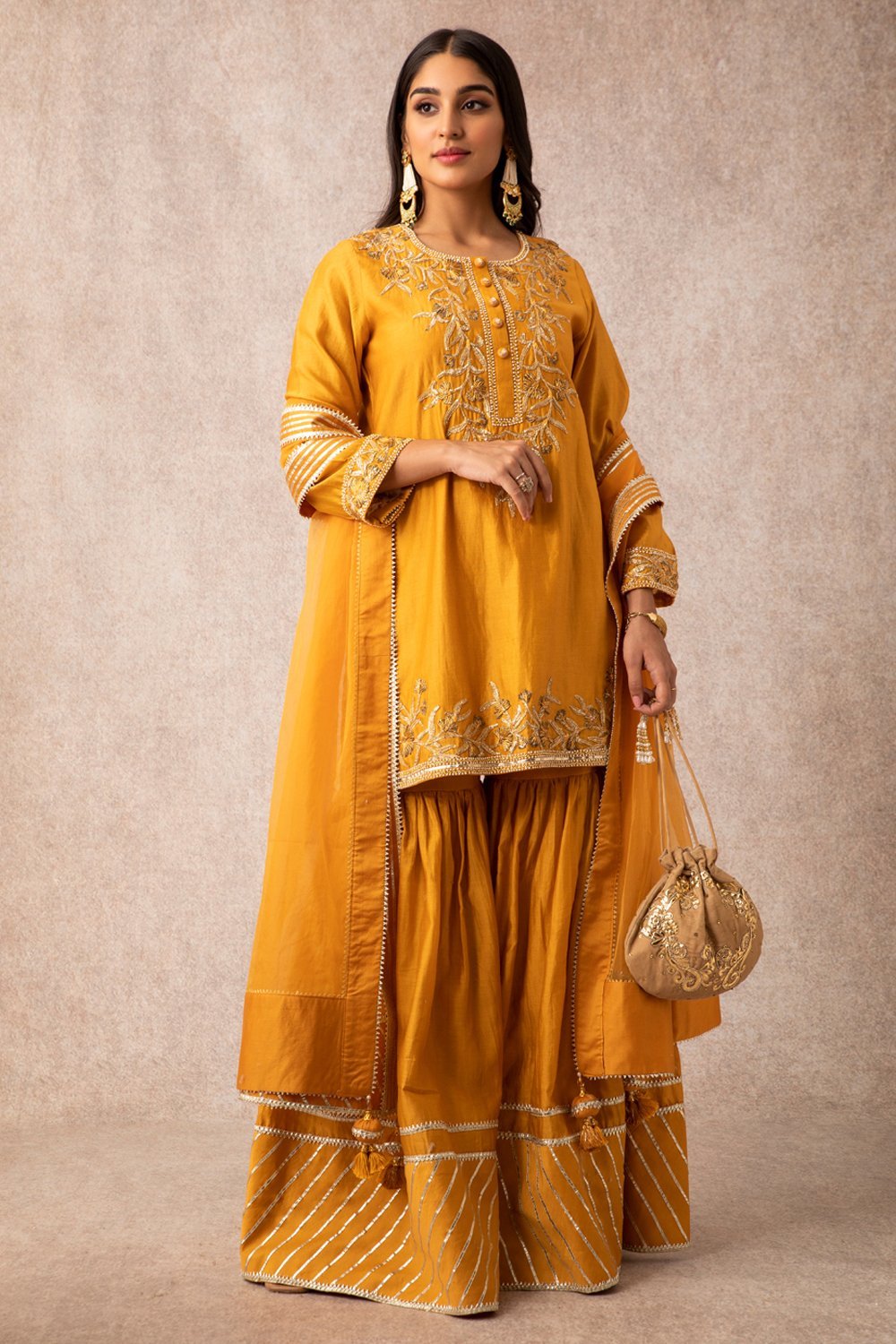 Mustard Short Scalloped Kurta Set - ajieshoberoi