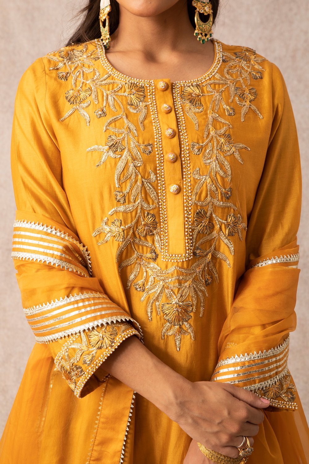Mustard Short Scalloped Kurta Set - ajieshoberoi