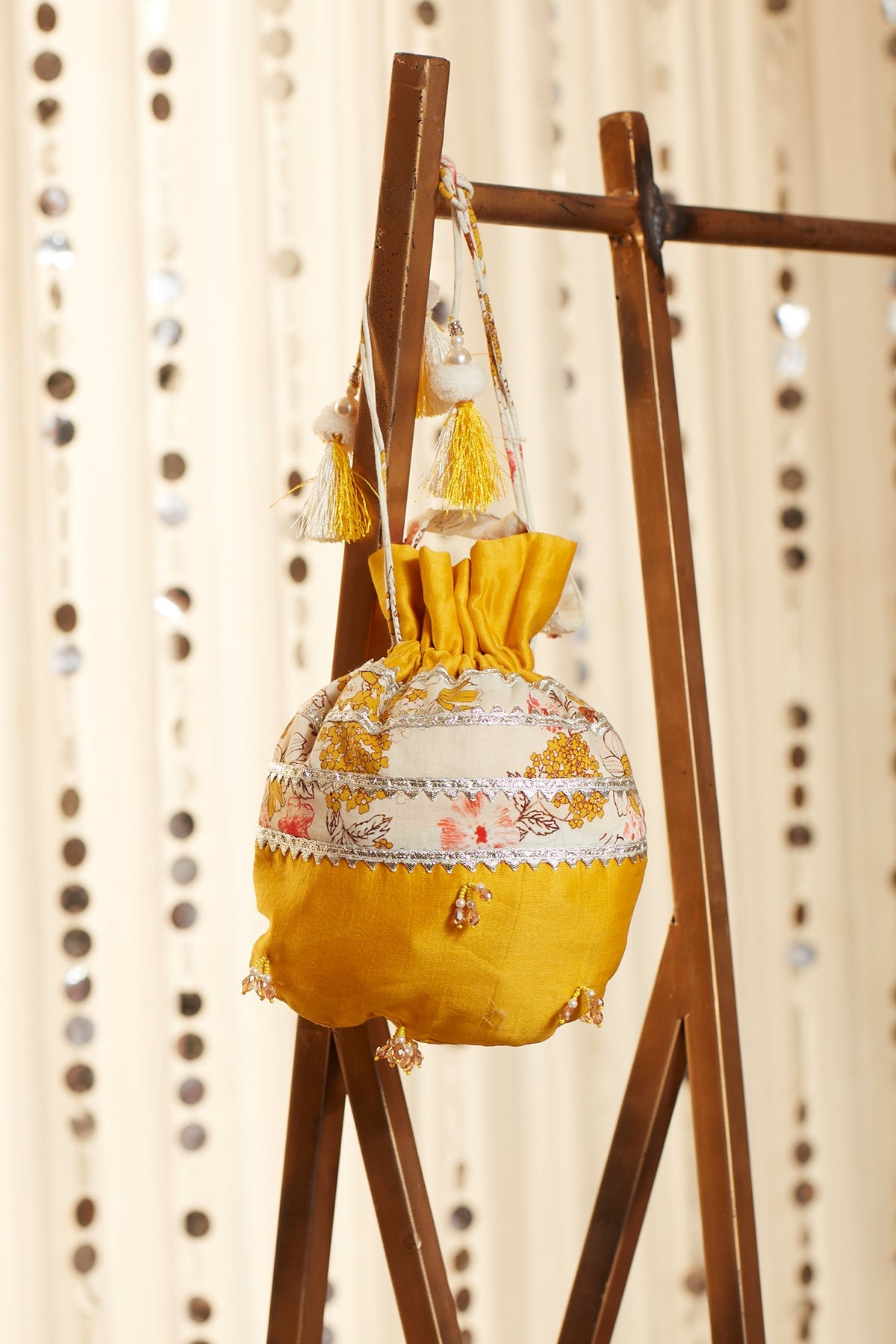 Printed Potli With Gota And Crystal Work - ajieshoberoi