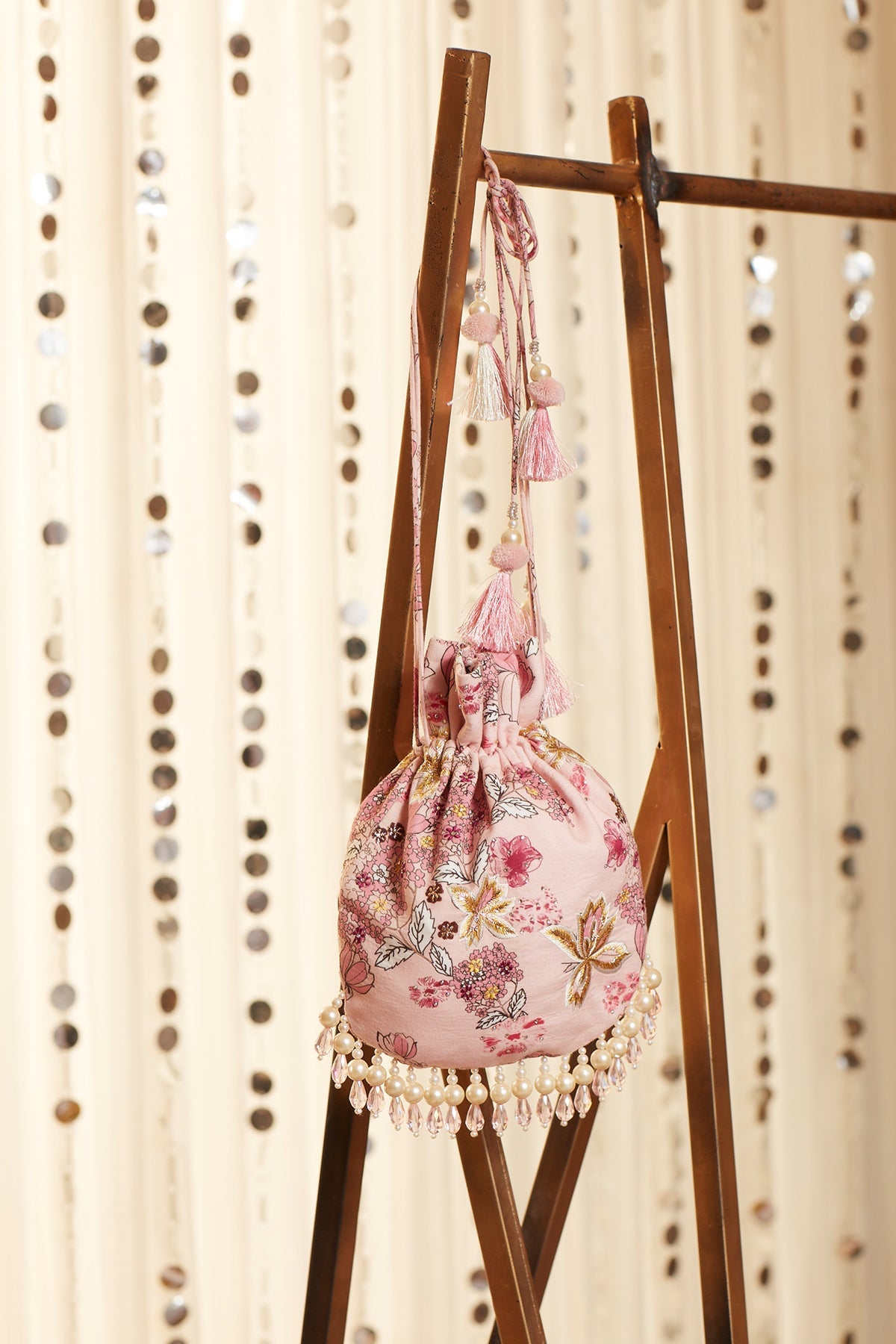 Printed Potli With Pearl And Crystal Hangings - ajieshoberoi