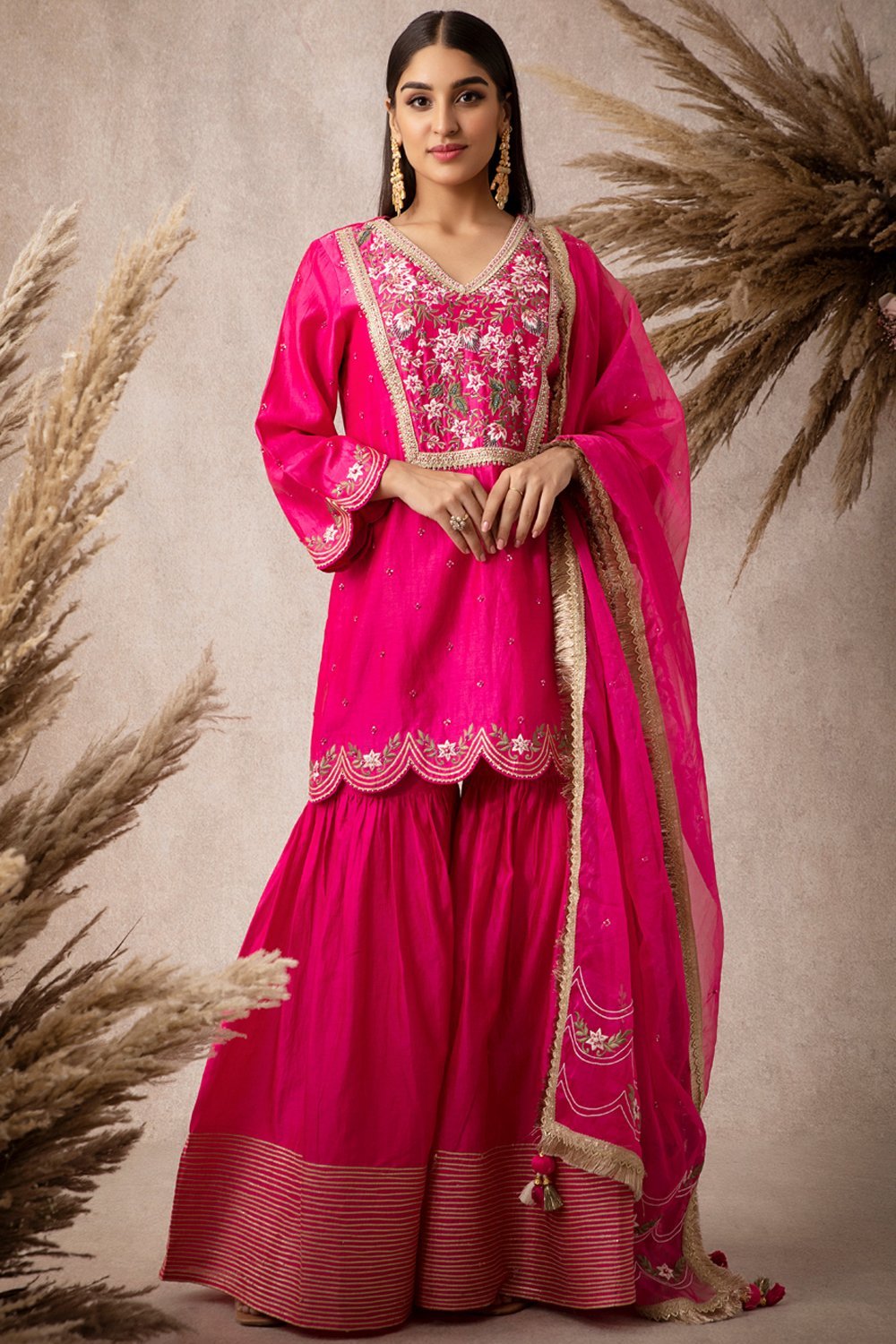 Rani Pink Short Scalloped Kurta Set - ajieshoberoi