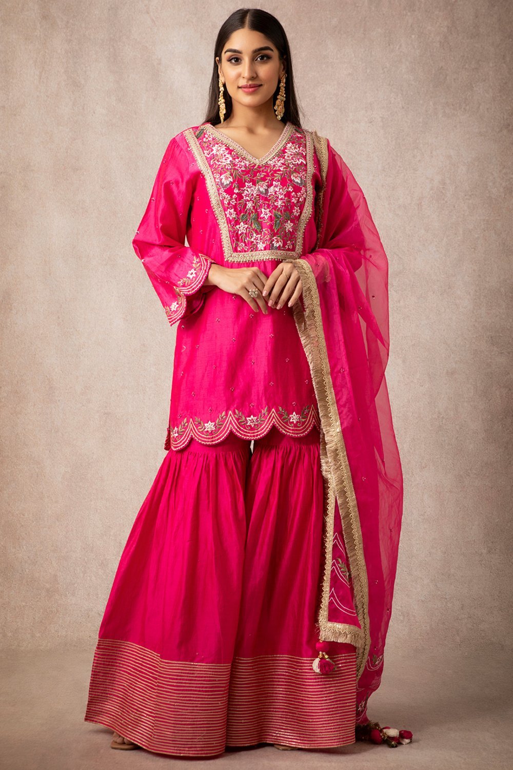 Rani Pink Short Scalloped Kurta Set - ajieshoberoi