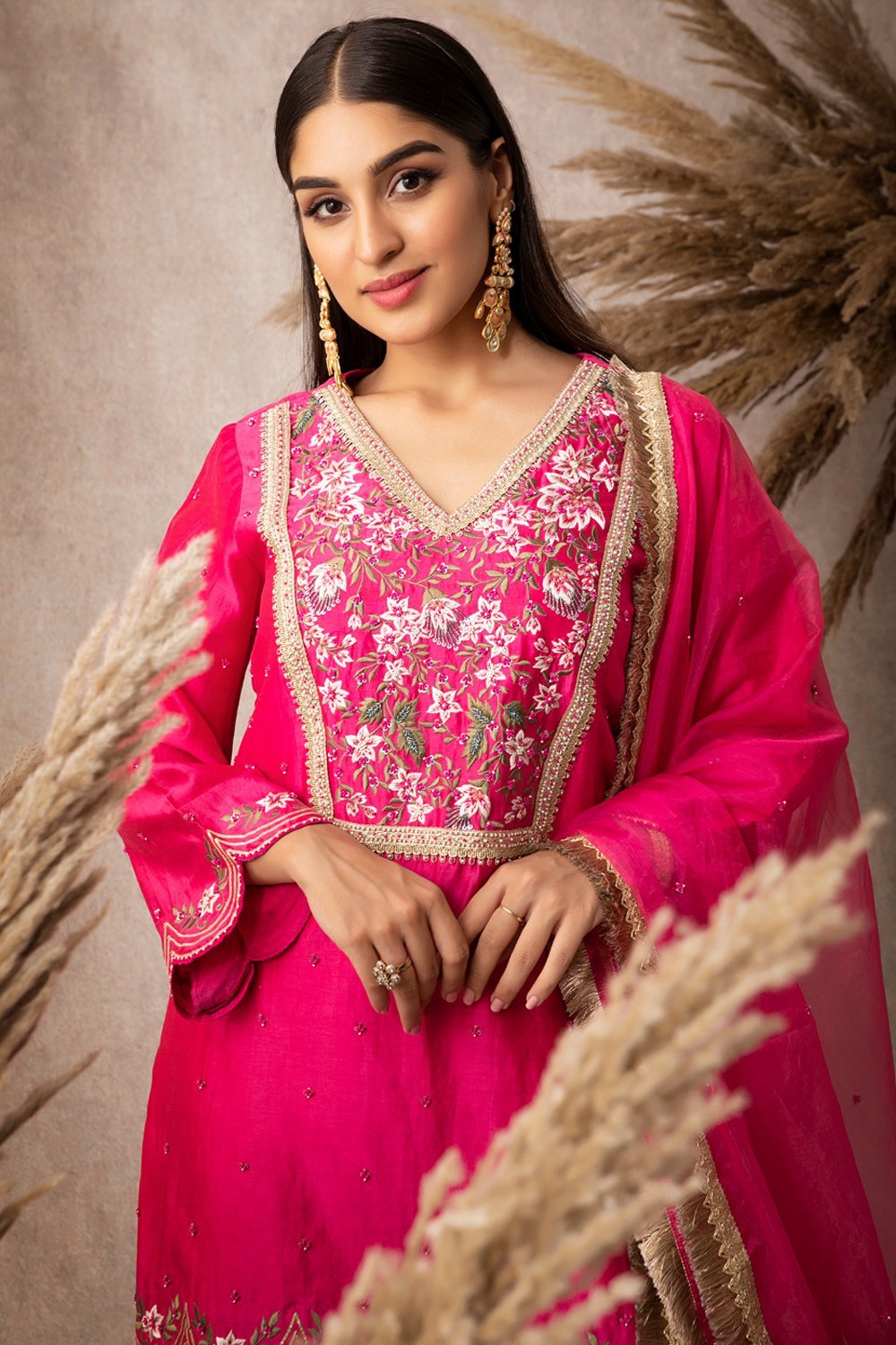Rani Pink Short Scalloped Kurta Set - ajieshoberoi