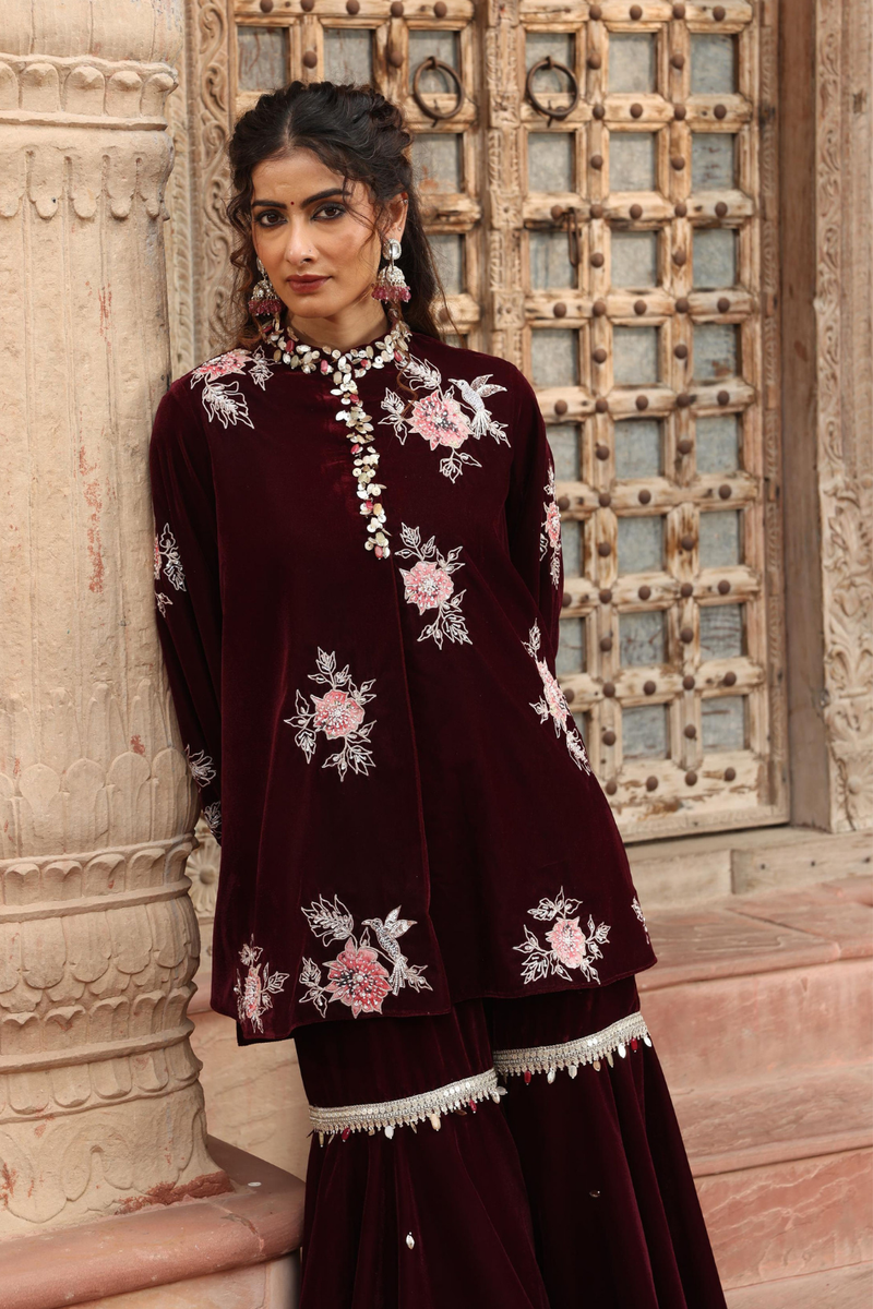 Wine Kurta Sharara Set