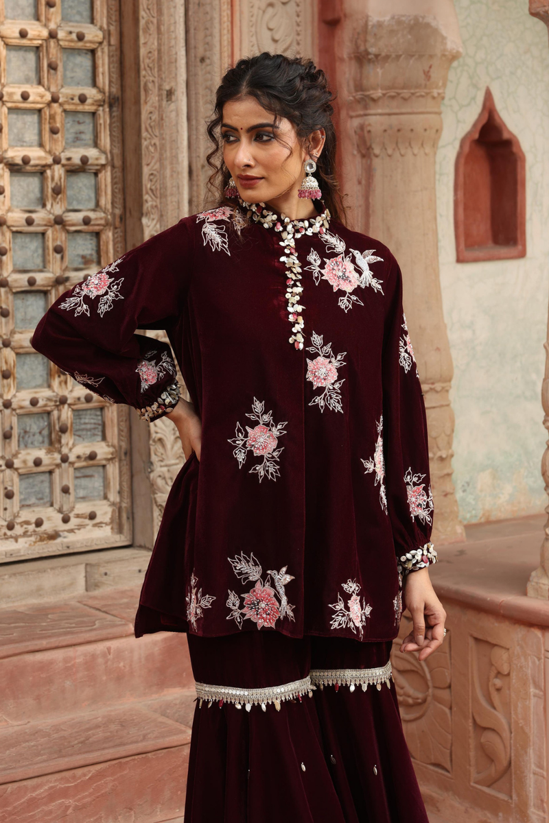 Wine Kurta Sharara Set