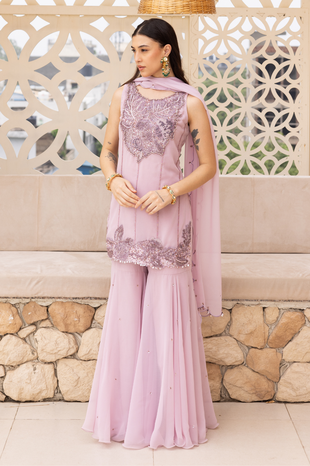 SHAMA PEPLUM SHORT KURTA WITH SHARARA