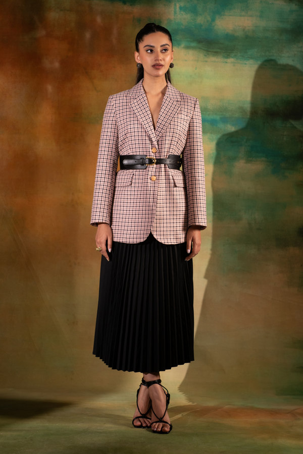 Tweed Long Jacket With Pattern Pleat Skirt