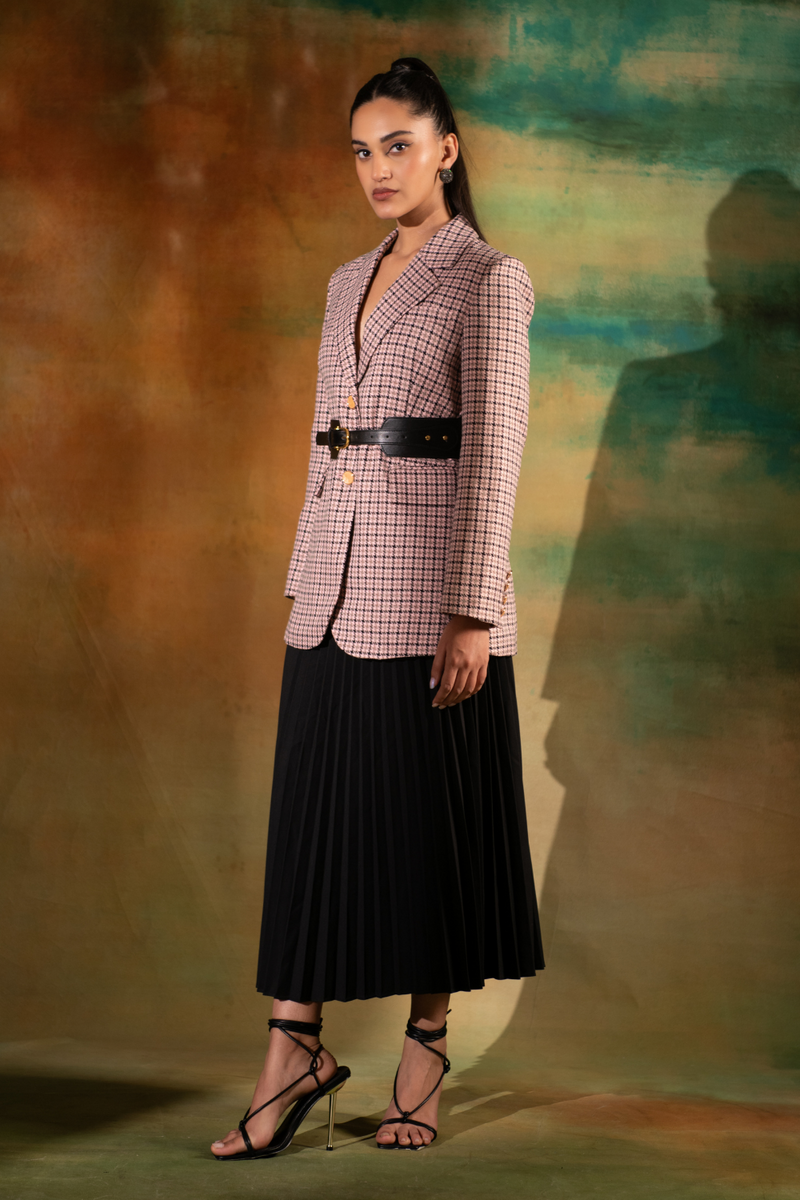 Tweed Long Jacket With Pattern Pleat Skirt