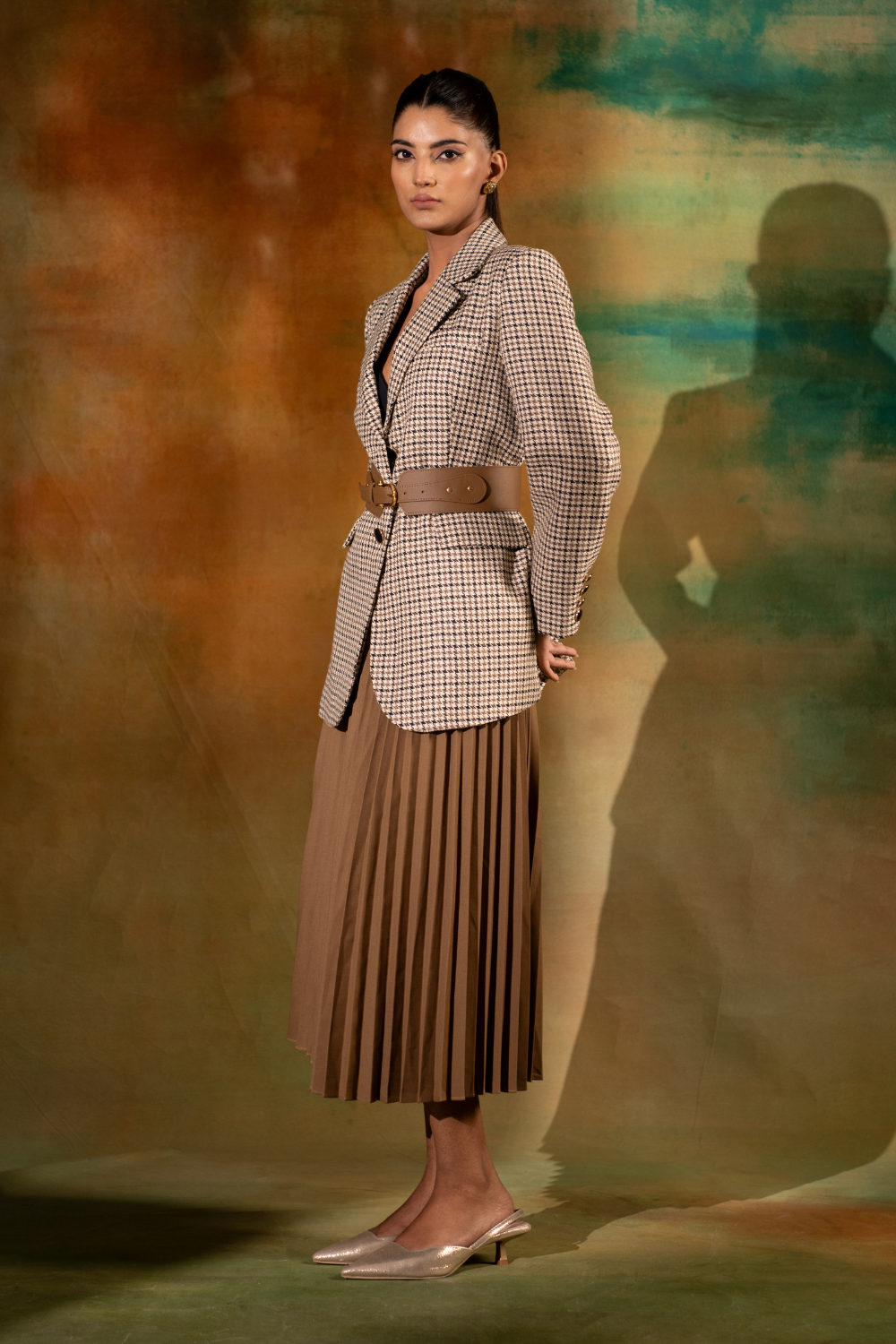 Tweed Long Jacket With Pattern Pleat Skirt