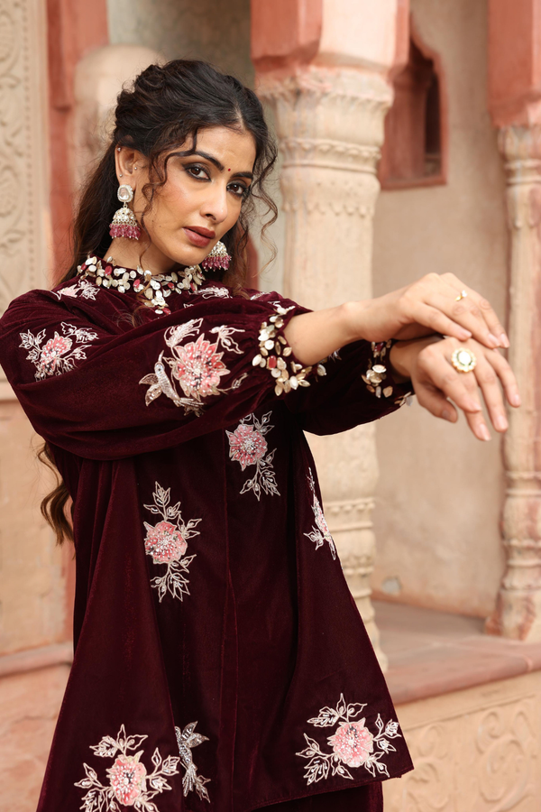 Wine Kurta Sharara Set