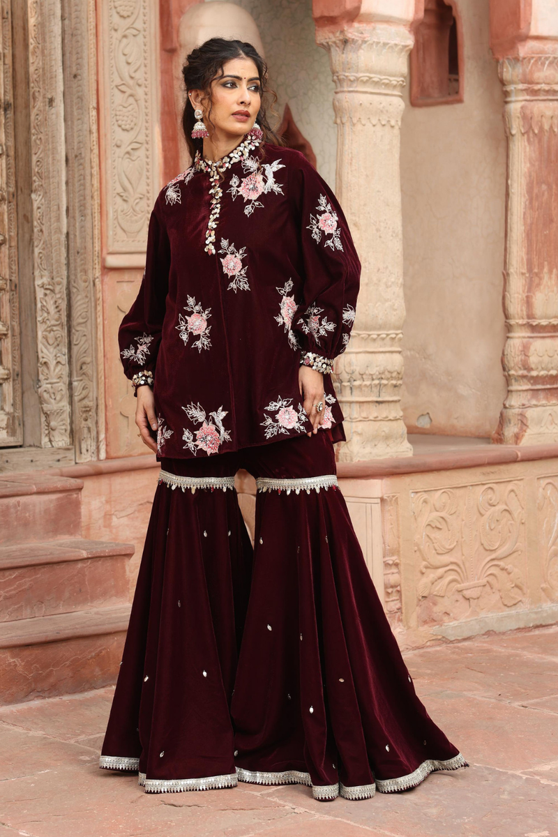 Wine Kurta Sharara Set