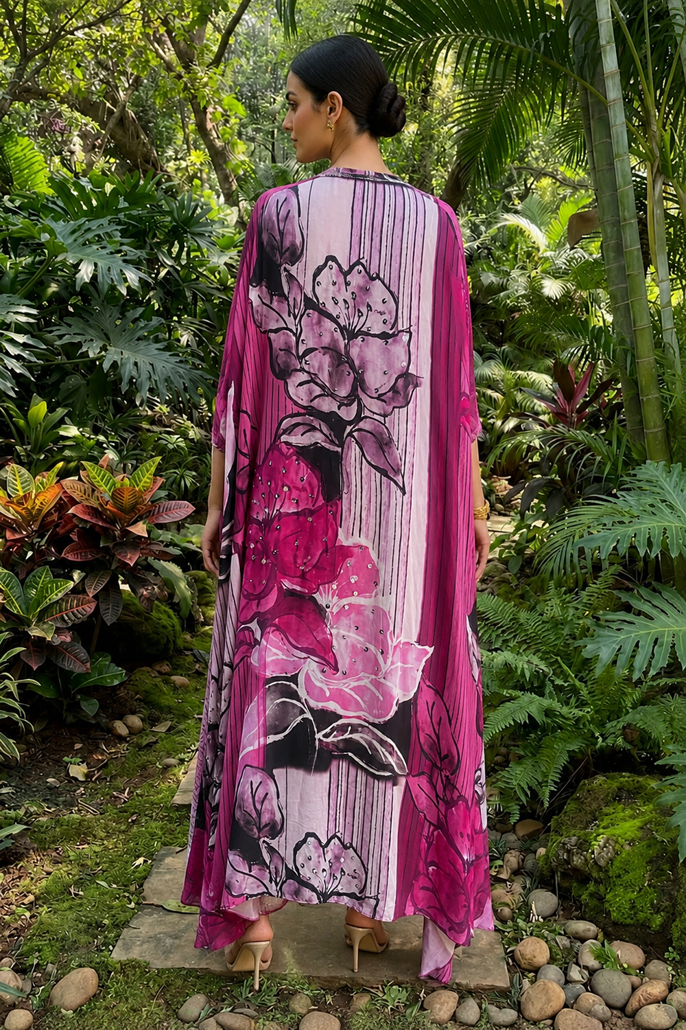Stylish Striped Dhoti Set with Floral Cape
