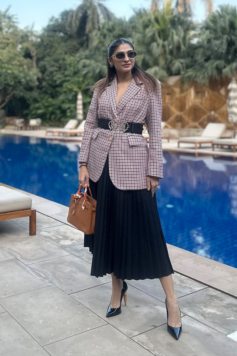 HENA MAHLOTRA in Tweed Long Jacket With Pattern Pleat Skirt