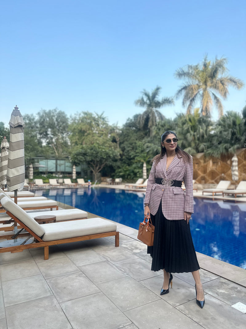 HENA MAHLOTRA in Tweed Long Jacket With Pattern Pleat Skirt