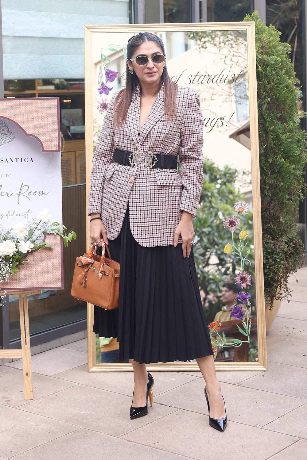 Heena Mahlotra in Tweed Long Jacket With Pattern Pleat Skirt
