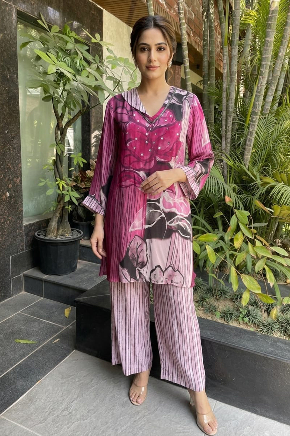 Bamboo Crepe Kurta with Relaxed Fit Striped Pant