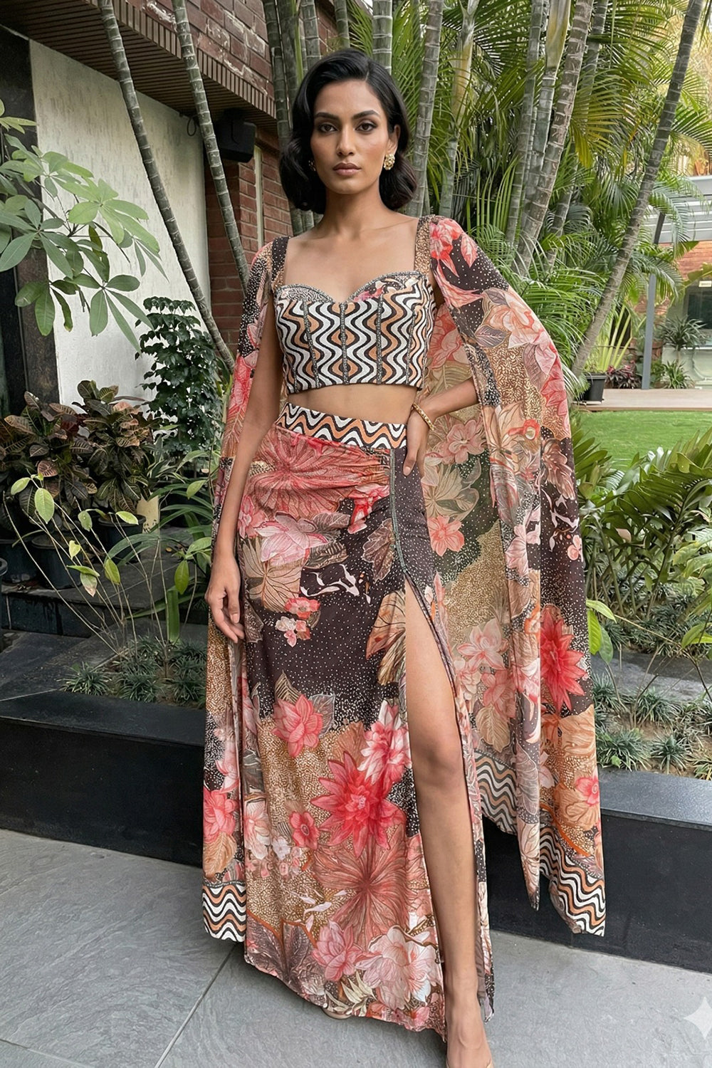Elegant Floral Maxi Dress with Statement Cape