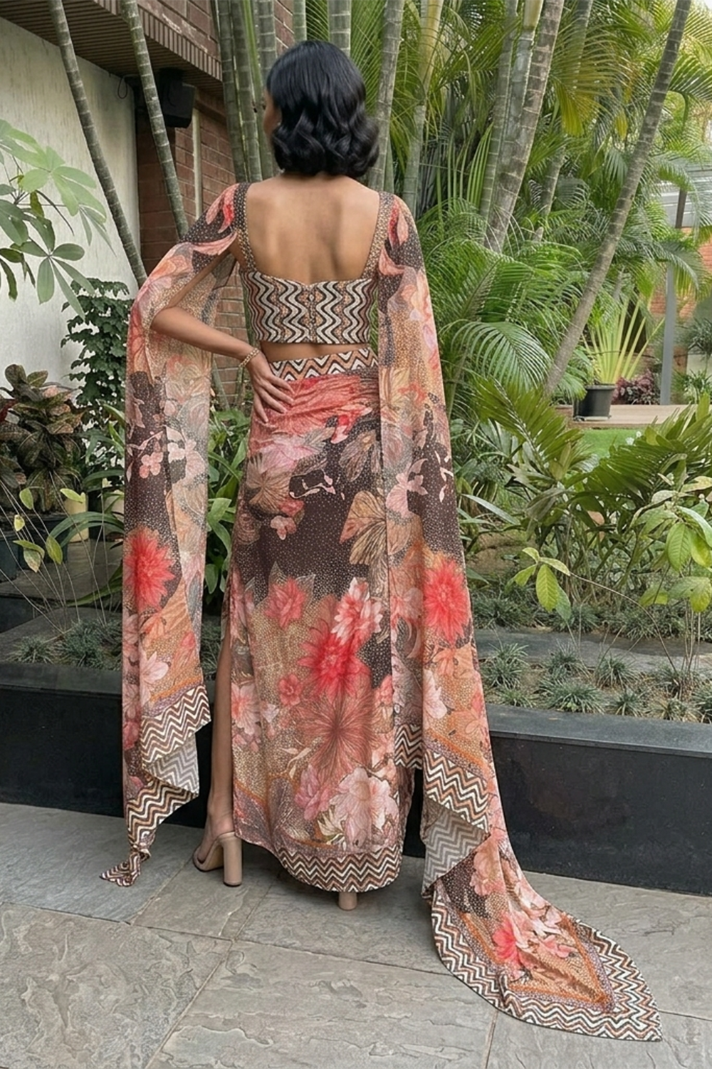 Elegant Floral Maxi Dress with Statement Cape