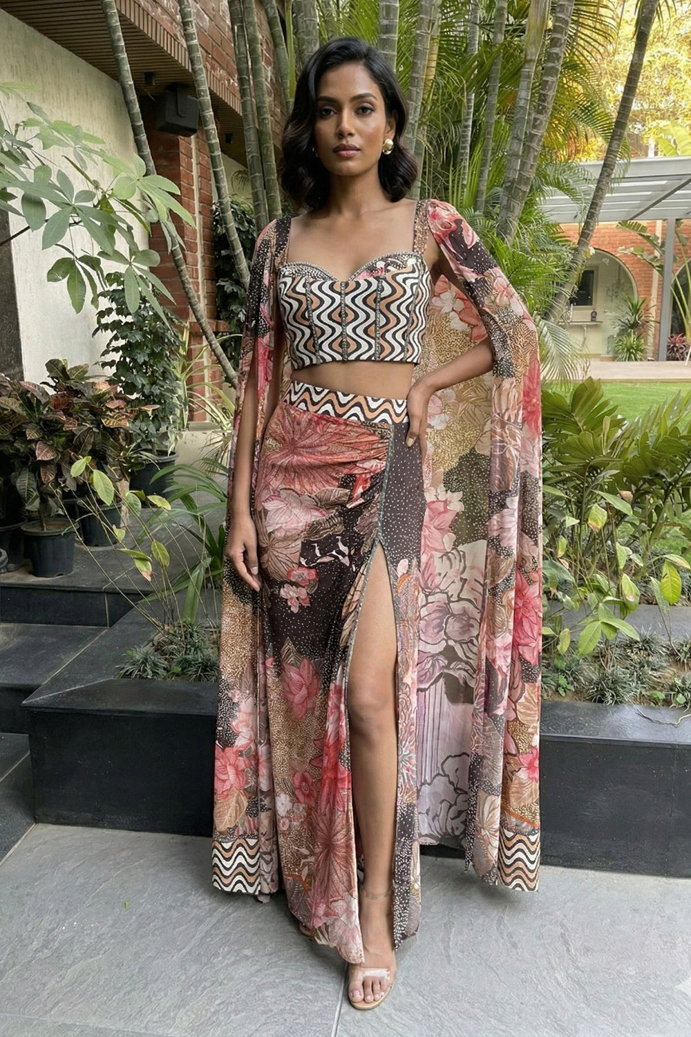 Elegant Floral Maxi Dress with Statement Cape