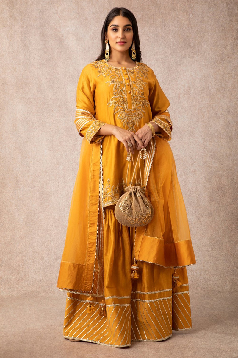 Mustard Short Scalloped Kurta Set - ajieshoberoi