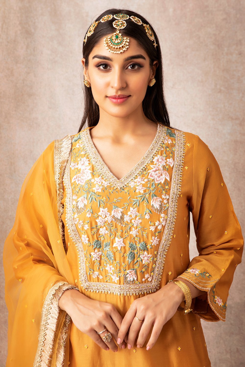 Mustard Short Scalloped Kurta Set - ajieshoberoi