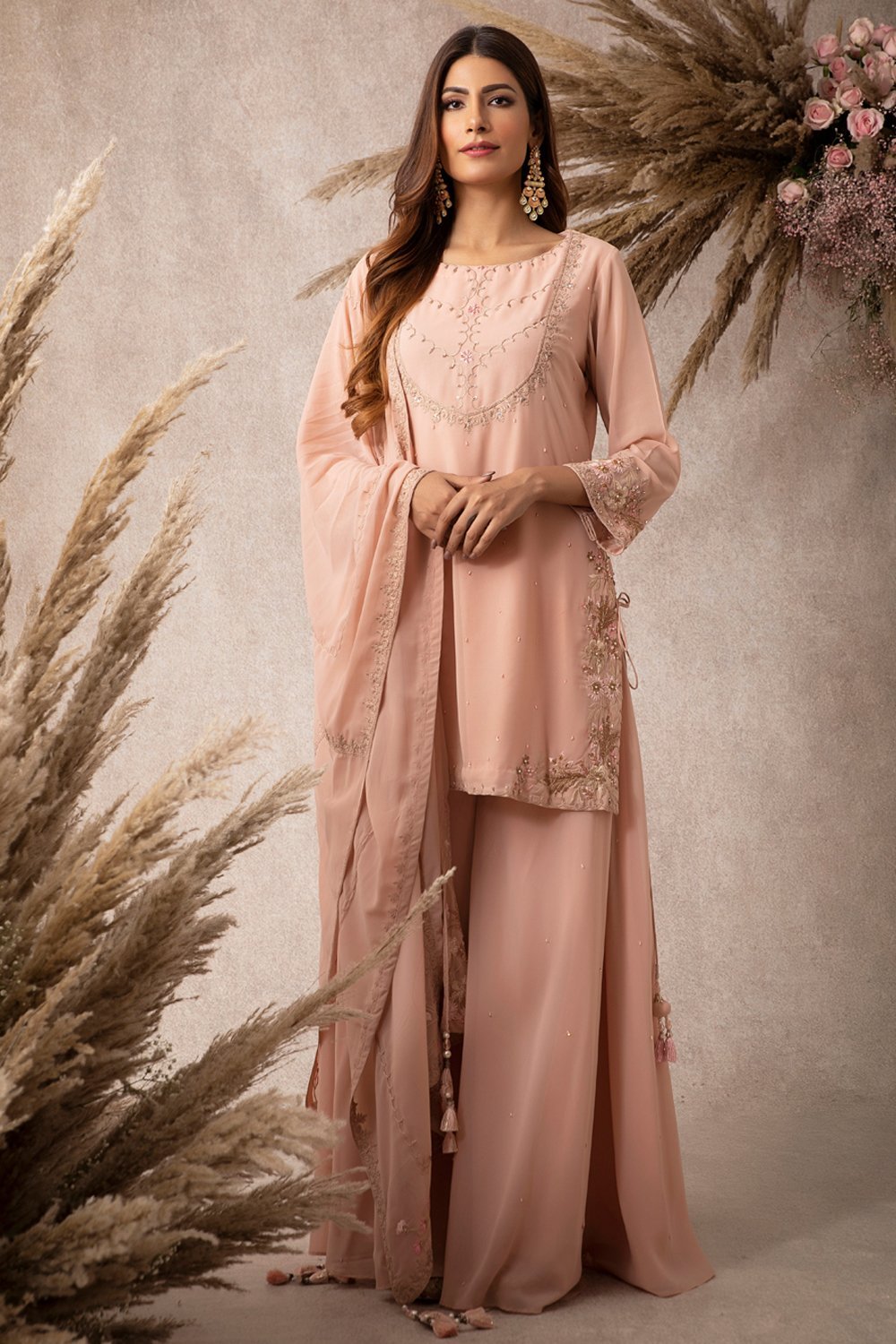 Peach Short Kurta Sharara Set - ajieshoberoi