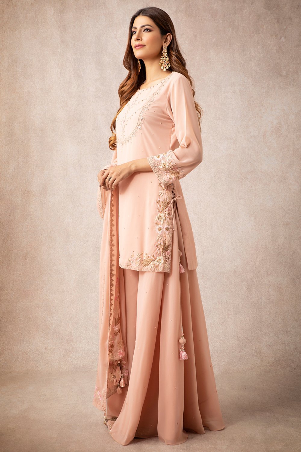 Peach Short Kurta Sharara Set - ajieshoberoi