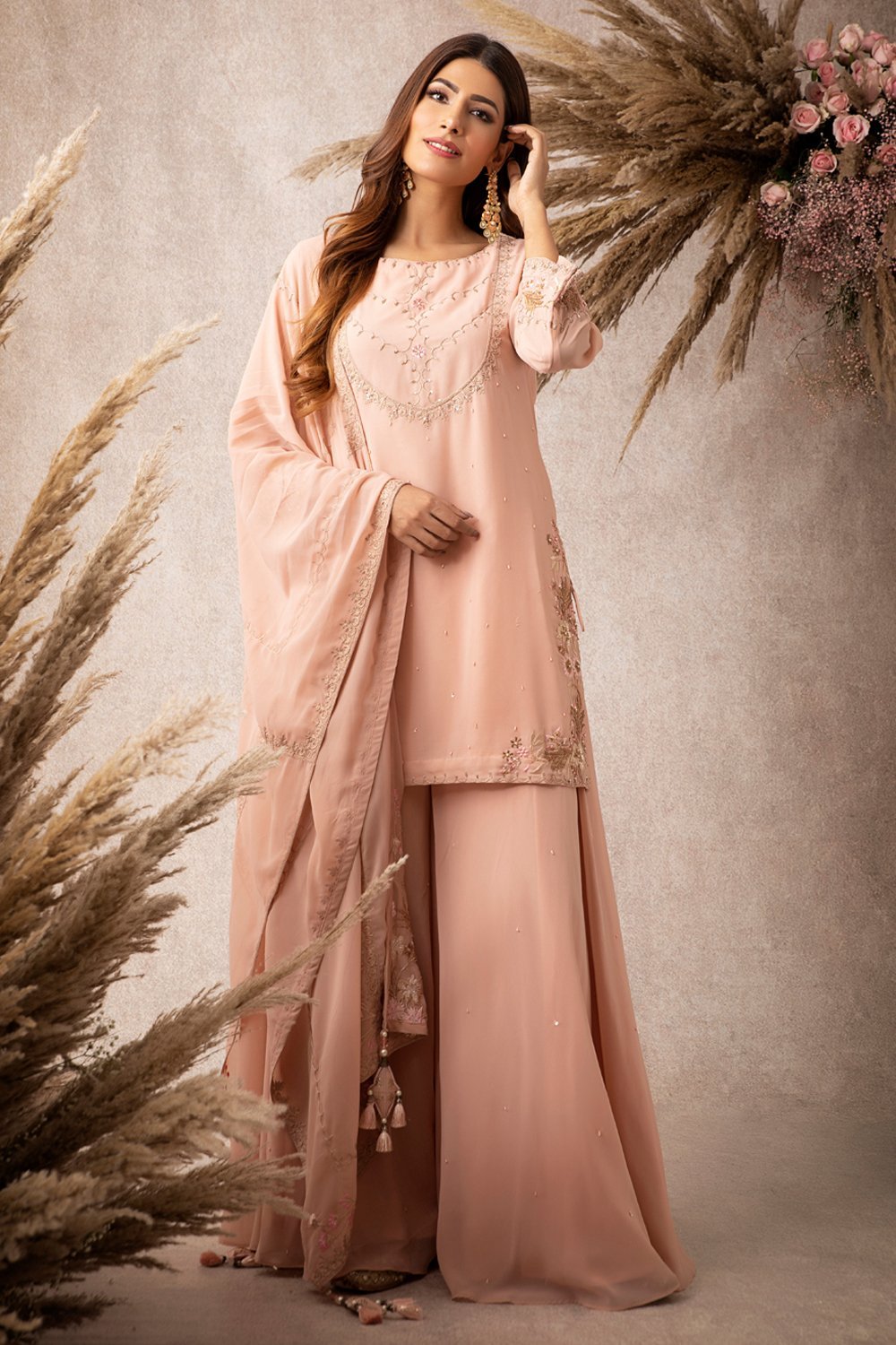 Peach Short Kurta Sharara Set - ajieshoberoi
