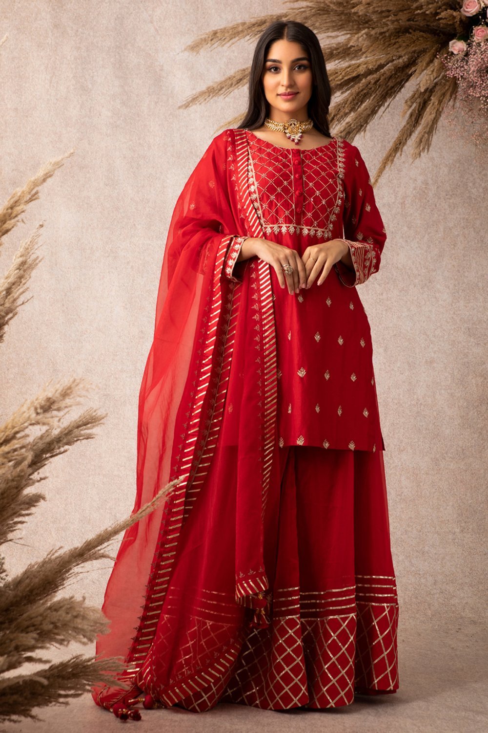 Red Short Kurta Set - ajieshoberoi